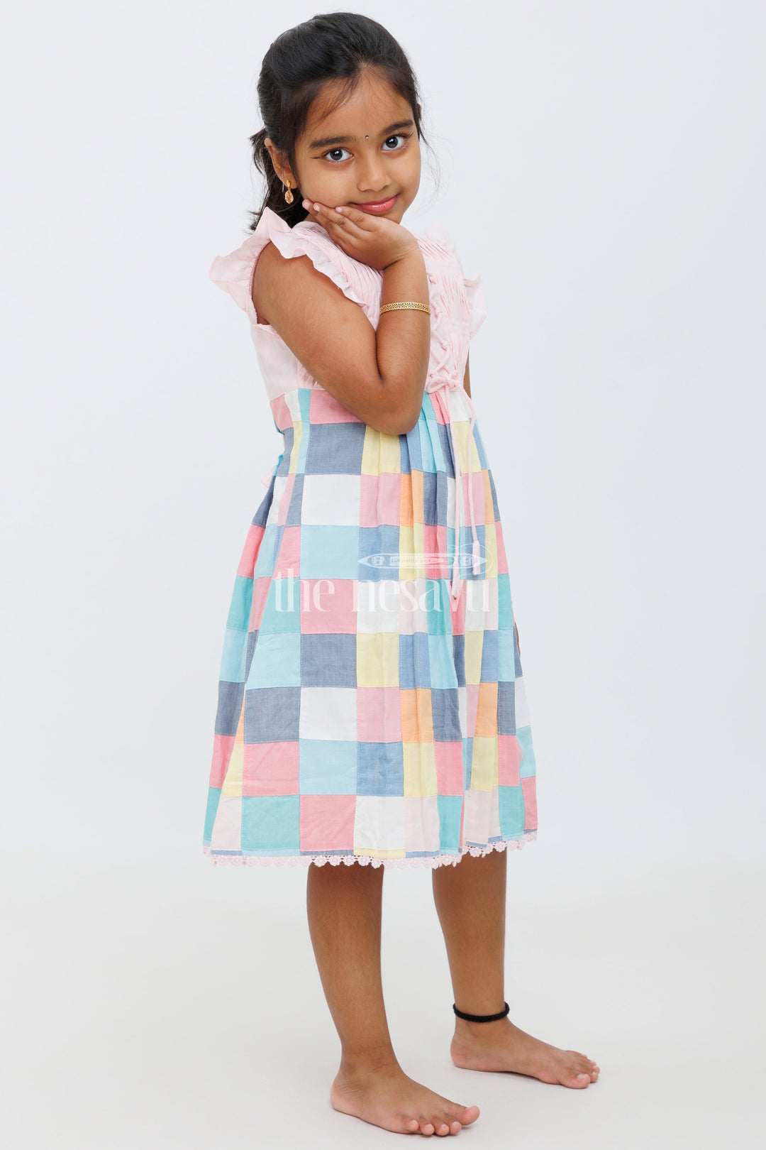The Nesavu Girls Cotton Frock Multicolor Patchwork Cotton Frock with Inverted Pleats for Girls Nesavu 14 (6M) / Pink GFC1402A-14 Multicolor Patchwork Cotton Frock with Inverted Pleats for Girls Nesavu