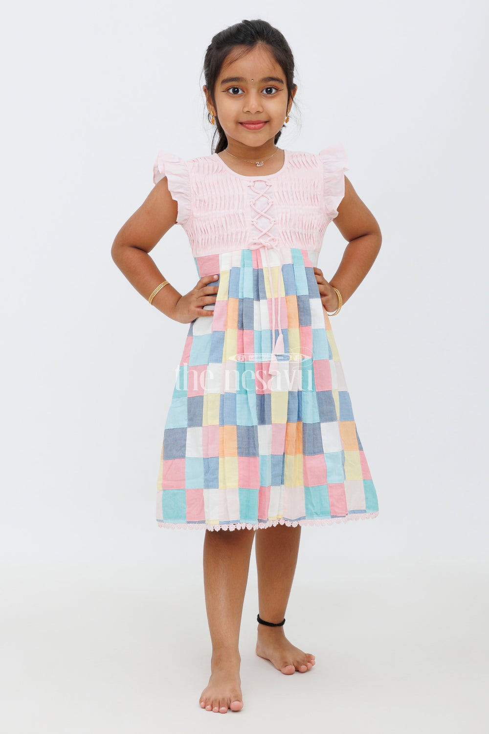 The Nesavu Girls Cotton Frock Multicolor Patchwork Cotton Frock with Inverted Pleats for Girls Nesavu Multicolor Patchwork Cotton Frock with Inverted Pleats for Girls Nesavu