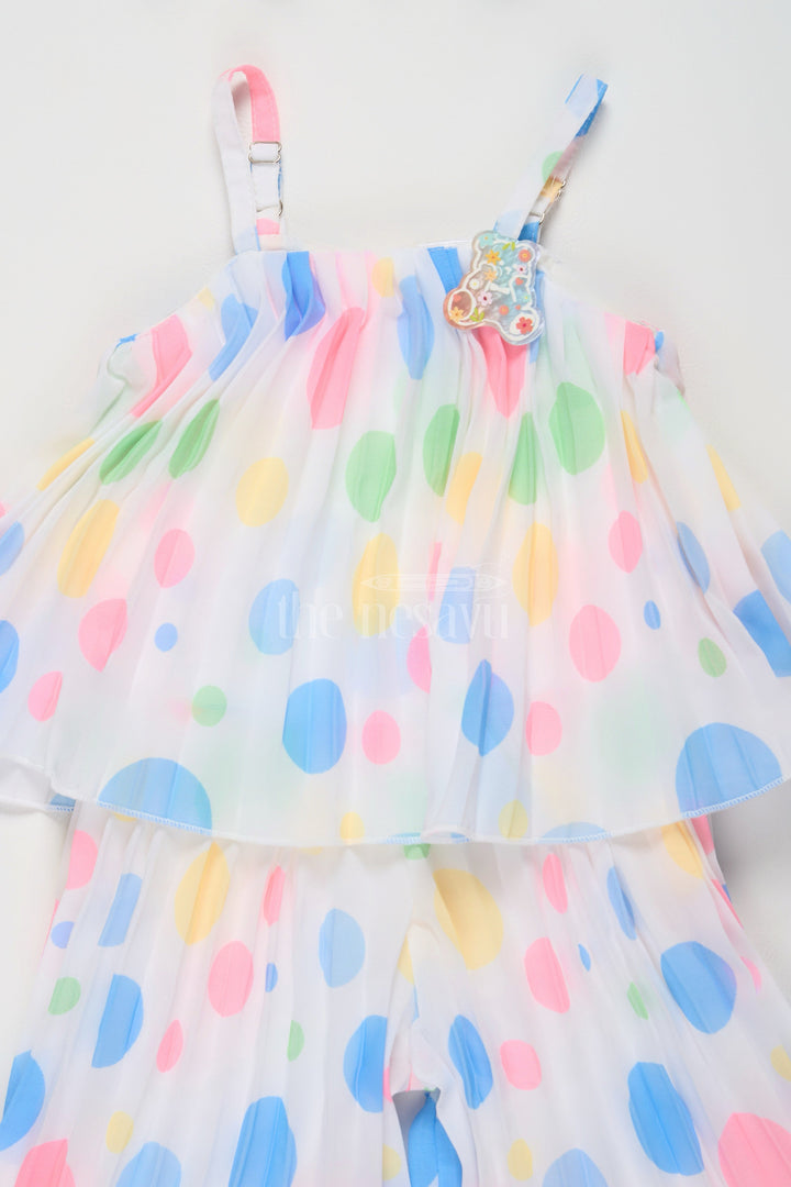 The Nesavu Girls Jumpsuit Multicolor Polka Dot Girls Jumpsuit with Pleated Design and Spaghetti Straps for Casual Outings Nesavu Nesavu Multicolor Polka Dot Girls Jumpsuit Pleated Design Floral Embellishment