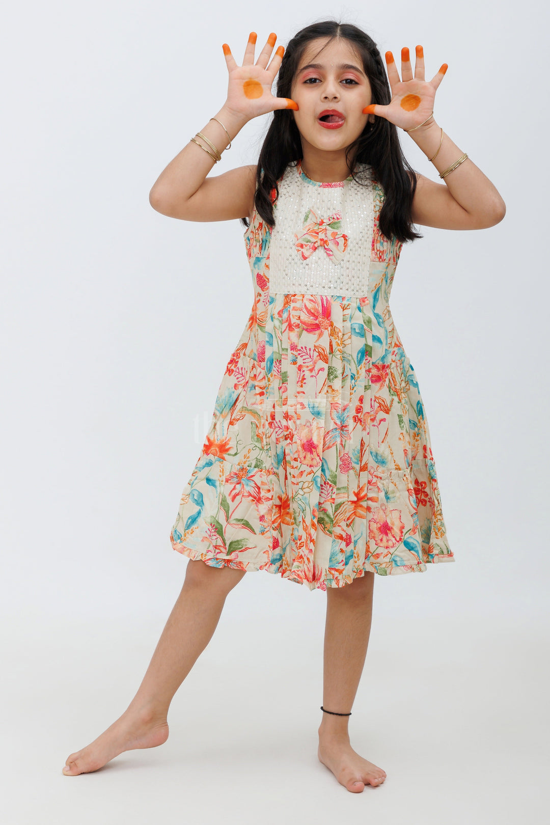 The Nesavu Girls Fancy Frock Multicolor Rayon Cotton Frock with Vibrant Floral Design Nesavu 22 (4Y) / multicolor GFC1370A-22 Multicolor Rayon Cotton Frock with Vibrant Floral Design - Nesavu