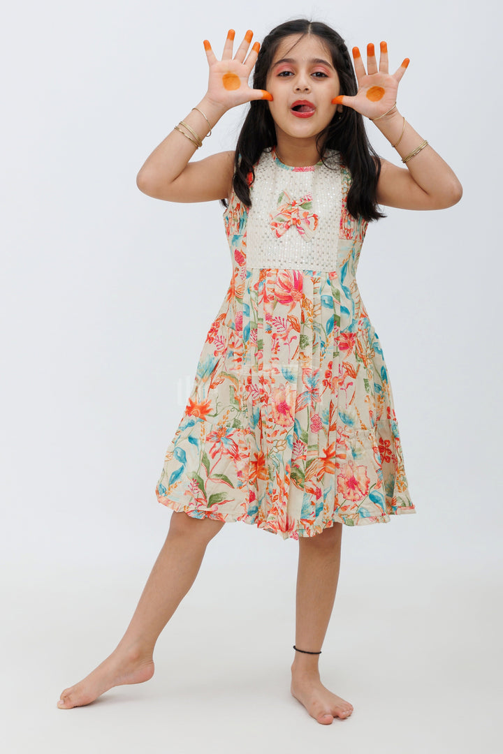 The Nesavu Girls Fancy Frock Multicolor Rayon Cotton Frock with Vibrant Floral Design Nesavu 22 (4Y) / multicolor GFC1370A-22 Multicolor Rayon Cotton Frock with Vibrant Floral Design - Nesavu