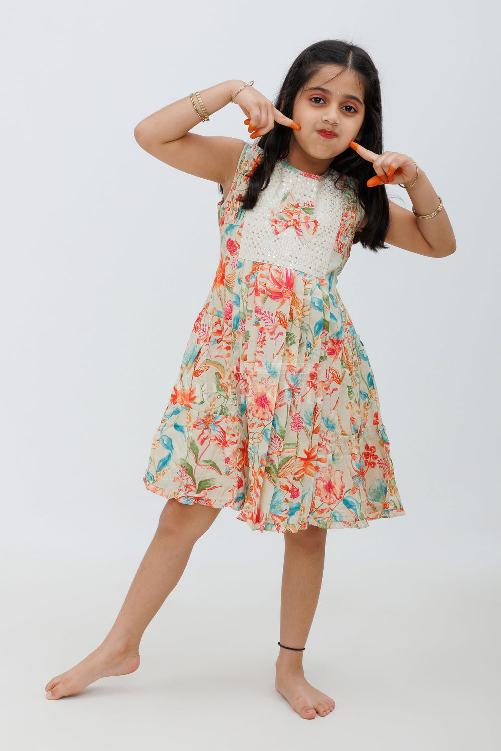 The Nesavu Girls Fancy Frock Multicolor Rayon Cotton Frock with Vibrant Floral Design Nesavu Multicolor Rayon Cotton Frock with Vibrant Floral Design - Nesavu