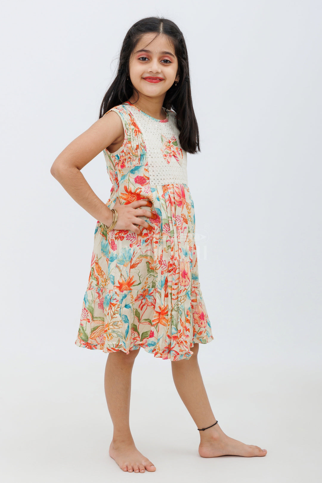 The Nesavu Girls Fancy Frock Multicolor Rayon Cotton Frock with Vibrant Floral Design Nesavu Multicolor Rayon Cotton Frock with Vibrant Floral Design - Nesavu