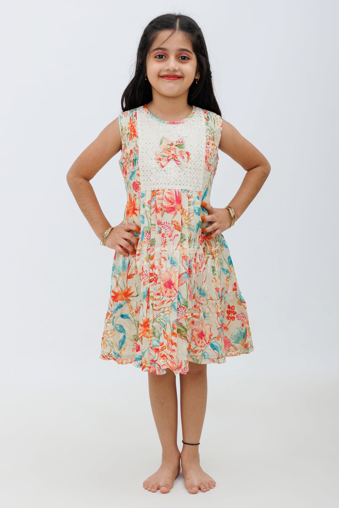 The Nesavu Girls Fancy Frock Multicolor Rayon Cotton Frock with Vibrant Floral Design Nesavu Multicolor Rayon Cotton Frock with Vibrant Floral Design - Nesavu