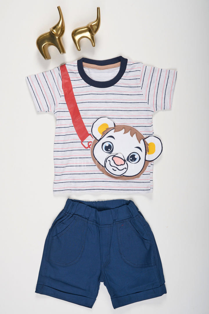 The Nesavu Baby Casual Sets Multicolor Red Striped Baby Casual Set with Lion Cub Graphic for Boys Nesavu 12 (3M) / multicolor BCS140B-12 Red Striped Baby T-Shirt Lion Cub Graphic Navy Blue Shorts Nesavu Boys Playdate Outfit