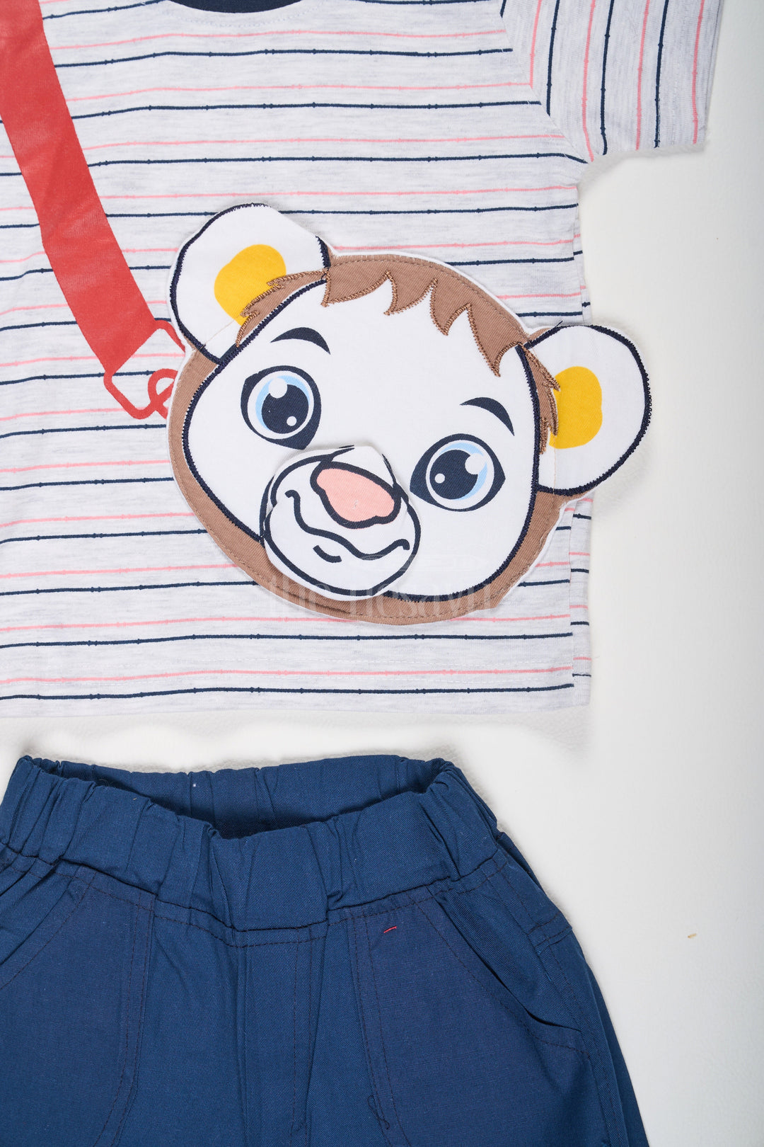 The Nesavu Baby Casual Sets Multicolor Red Striped Baby Casual Set with Lion Cub Graphic for Boys Nesavu Red Striped Baby T-Shirt Lion Cub Graphic Navy Blue Shorts Nesavu Boys Playdate Outfit
