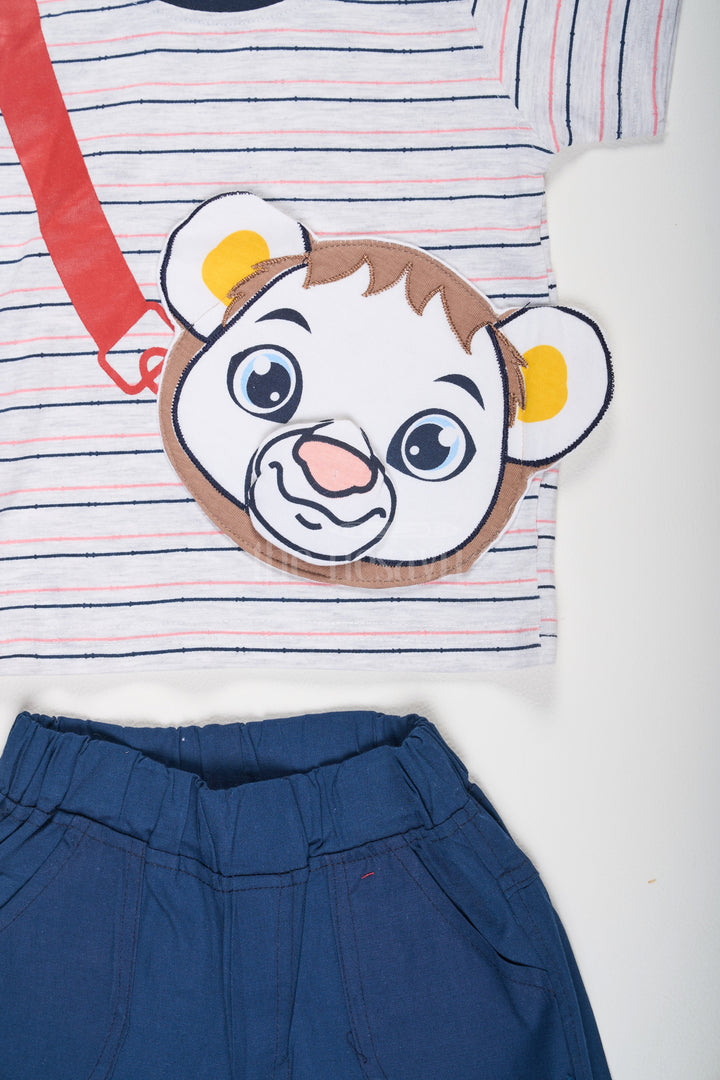The Nesavu Baby Casual Sets Multicolor Red Striped Baby Casual Set with Lion Cub Graphic for Boys Nesavu Red Striped Baby T-Shirt Lion Cub Graphic Navy Blue Shorts Nesavu Boys Playdate Outfit
