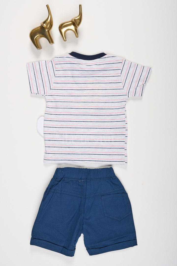 The Nesavu Baby Casual Sets Multicolor Red Striped Baby Casual Set with Lion Cub Graphic for Boys Nesavu Red Striped Baby T-Shirt Lion Cub Graphic Navy Blue Shorts Nesavu Boys Playdate Outfit