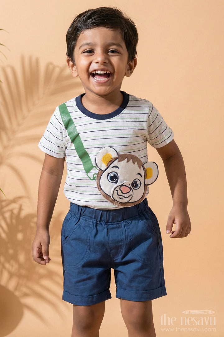 The Nesavu Boys Casual Set Multicolor Striped T-Shirt and Navy Blue Shorts Baby Casual Set with Lion Face for Boys Nesavu 12 (3M) / Multicolor BCS140A-12 Striped Green Black T-Shirt Lion Face Navy Blue Shorts Baby Set Nesavu Boys Adventure Outfit