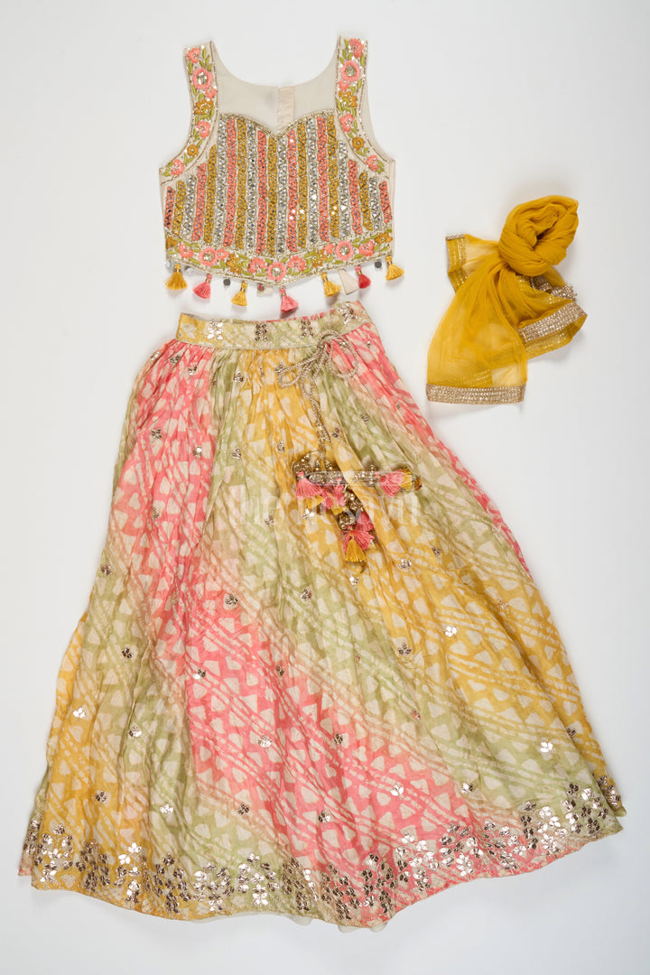 The Nesavu Girls Lehenga Choli Multicolor Viscose Silk Girls Lehenga Choli with Ombré Design and Mirror Embroidery Nesavu Nesavu Multicolor Viscose Silk Girls Lehenga Choli Ombr Design Mirror Work Festive Occasions