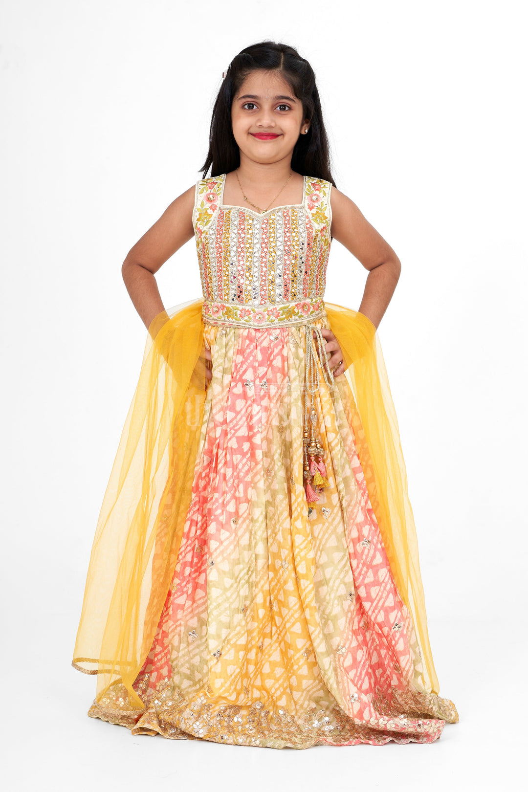 The Nesavu Girls Lehenga Choli Multicolor Viscose Silk Girls Lehenga Choli with Ombré Design and Mirror Embroidery Nesavu Nesavu Multicolor Viscose Silk Girls Lehenga Choli Ombr Design Mirror Work Festive Occasions