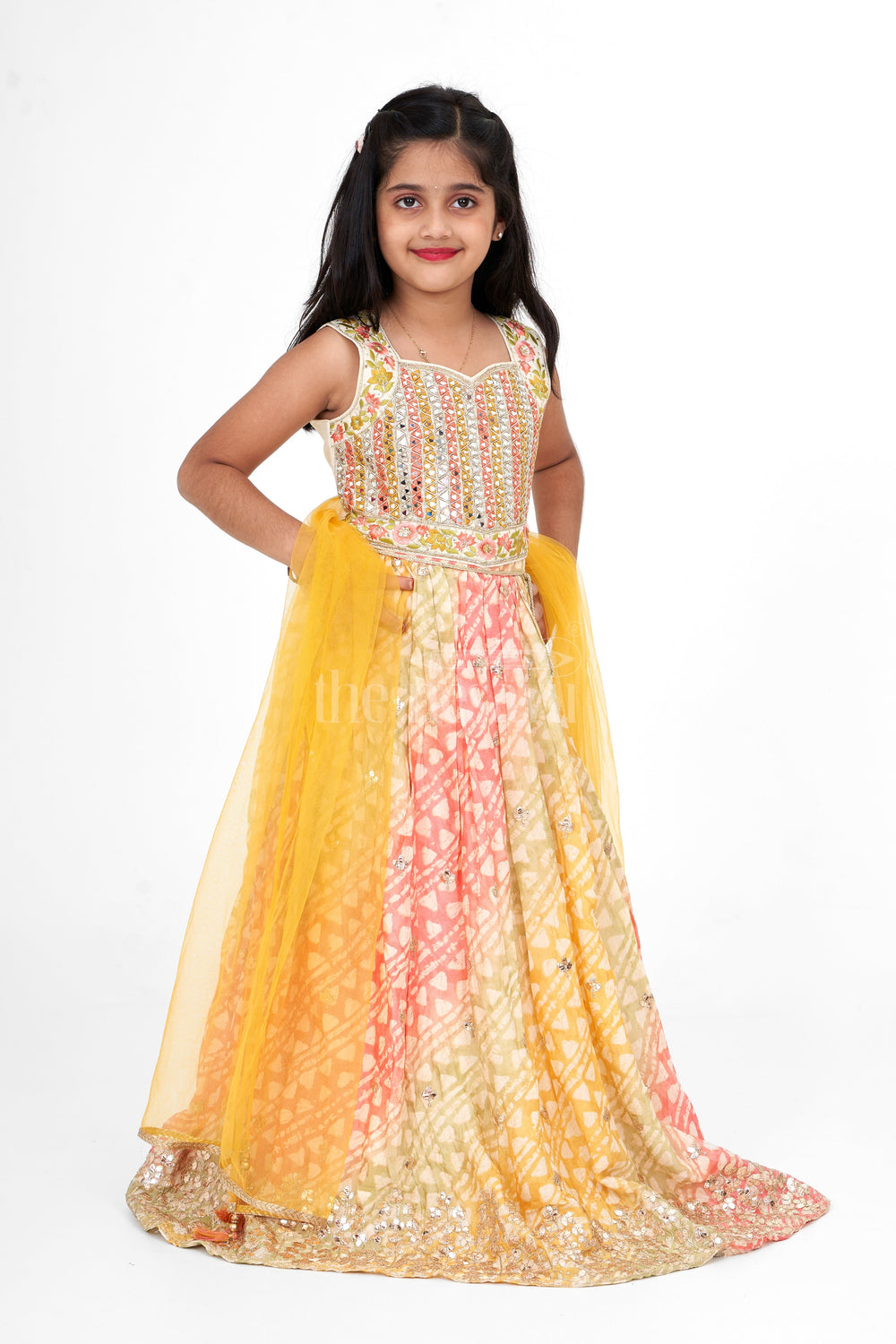The Nesavu Girls Lehenga Choli Multicolor Viscose Silk Girls Lehenga Choli with Ombré Design and Mirror Embroidery Nesavu Nesavu Multicolor Viscose Silk Girls Lehenga Choli Ombr Design Mirror Work Festive Occasions