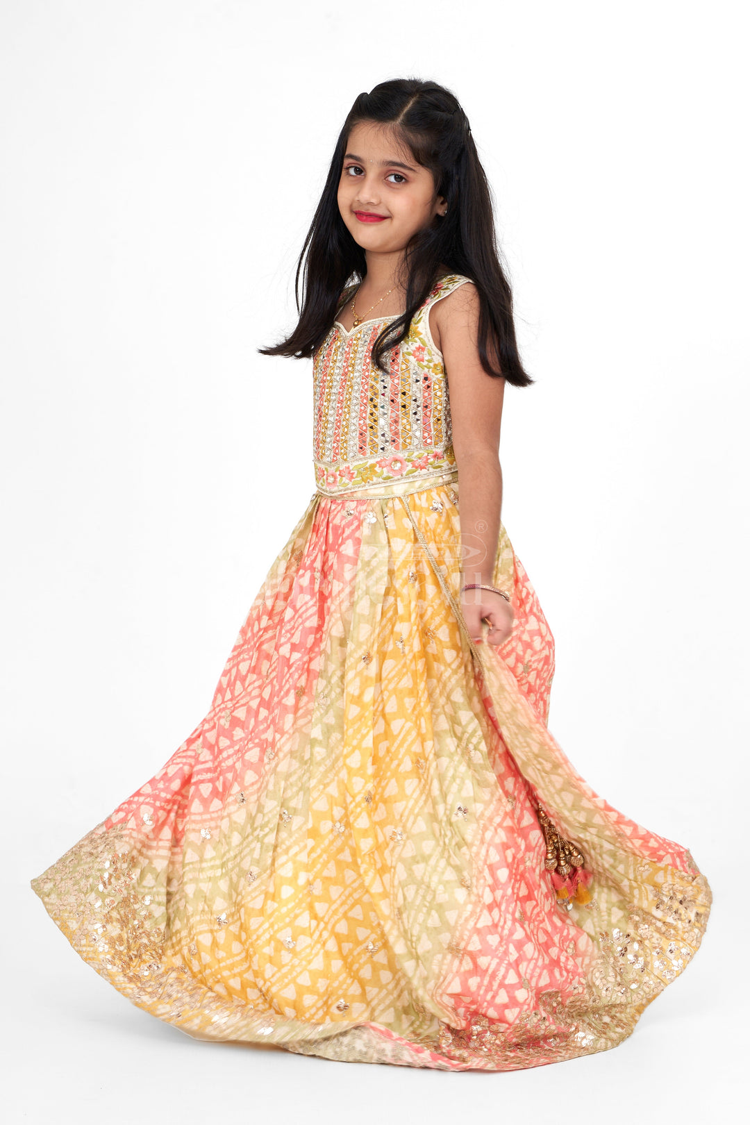 The Nesavu Girls Lehenga Choli Multicolor Viscose Silk Girls Lehenga Choli with Ombré Design and Mirror Embroidery Nesavu Nesavu Multicolor Viscose Silk Girls Lehenga Choli Ombr Design Mirror Work Festive Occasions