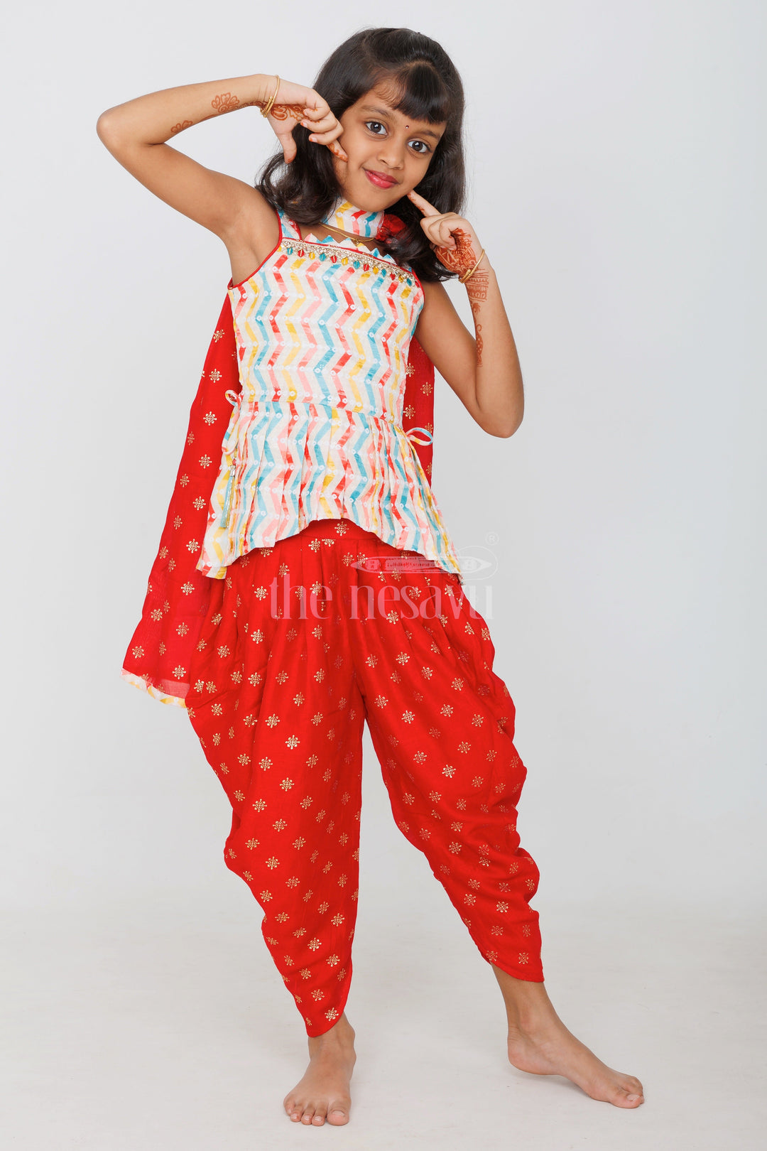 The Nesavu Girls Sharara / Plazo Set Multicolored Chevron Peplum Top with Red Patiala Pants for Girls Festive and Semi-Formal Wear Nesavu 16 (1Y) / Teal GPS451A-16 Nesavu Multicolored Chevron Peplum Top Red Patiala Pants Girls Festive Casual Outfits