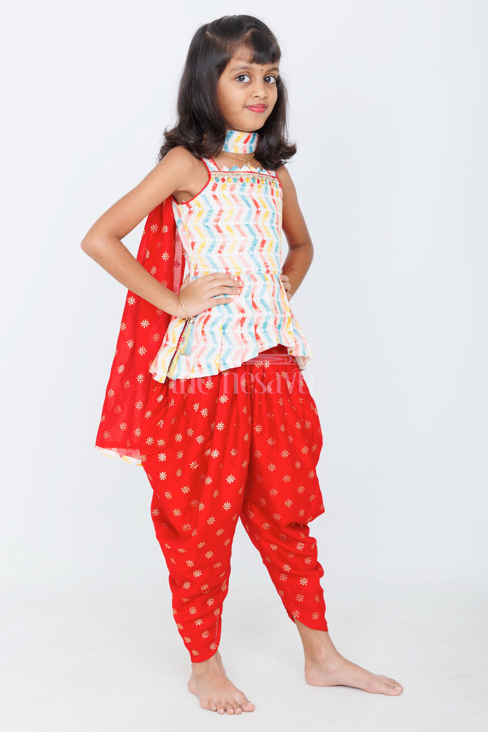 The Nesavu Girls Sharara / Plazo Set Multicolored Chevron Peplum Top with Red Patiala Pants for Girls Festive and Semi-Formal Wear Nesavu Nesavu Multicolored Chevron Peplum Top Red Patiala Pants Girls Festive Casual Outfits