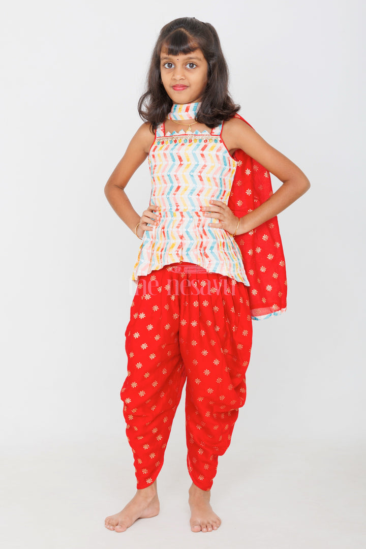 The Nesavu Girls Sharara / Plazo Set Multicolored Chevron Peplum Top with Red Patiala Pants for Girls Festive and Semi-Formal Wear Nesavu Nesavu Multicolored Chevron Peplum Top Red Patiala Pants Girls Festive Casual Outfits