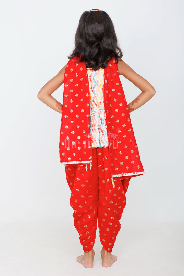 The Nesavu Girls Sharara / Plazo Set Multicolored Chevron Peplum Top with Red Patiala Pants for Girls Festive and Semi-Formal Wear Nesavu Nesavu Multicolored Chevron Peplum Top Red Patiala Pants Girls Festive Casual Outfits