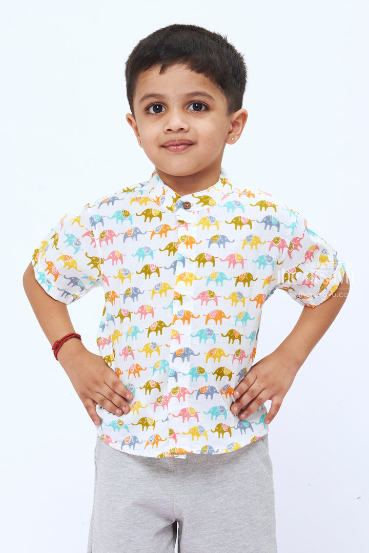 The Nesavu Boys Cotton Shirt Multicolored Elephant Parade Cotton Shirt for Boys  Playful & Comfortable Nesavu 14 (6M) / multicolor / Cotton BS123A-14 Boys Multicolored Elephant Print Cotton Shirt | Fun Casual Wear | The Nesavu