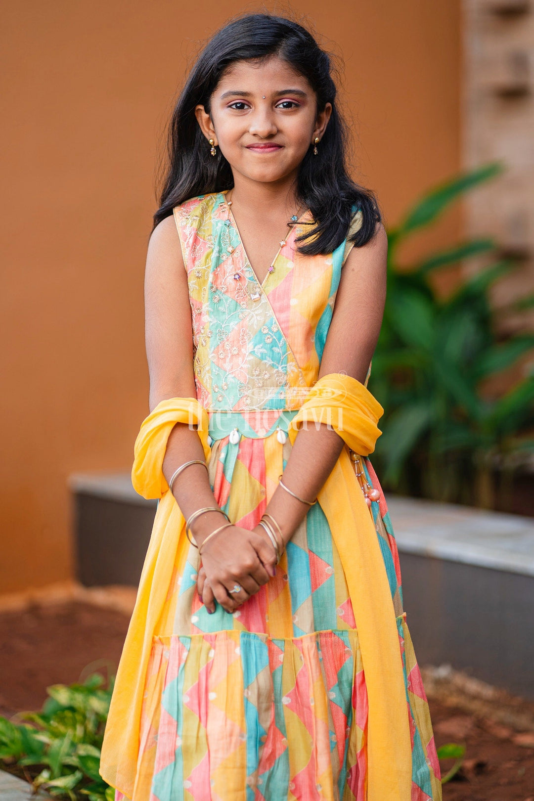 The Nesavu Girls Lehenga Choli Multicolored Girls Lehenga Choli Set with Geometric Crop Top and Tiered Skirt Nesavu 18 (2Y) / multicolor GL497A-18 Nesavu Multicolored Lehenga Choli Set Girls Geometric Patterns Tiered Skirt
