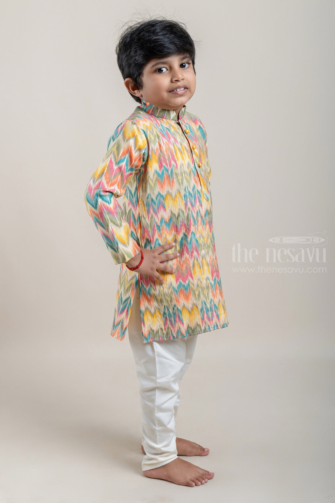 The Nesavu Ethnic Sets Multicoloured Zig Zag Printed Boys Ethnic Kurta with White Pant Set psr silks Nesavu
