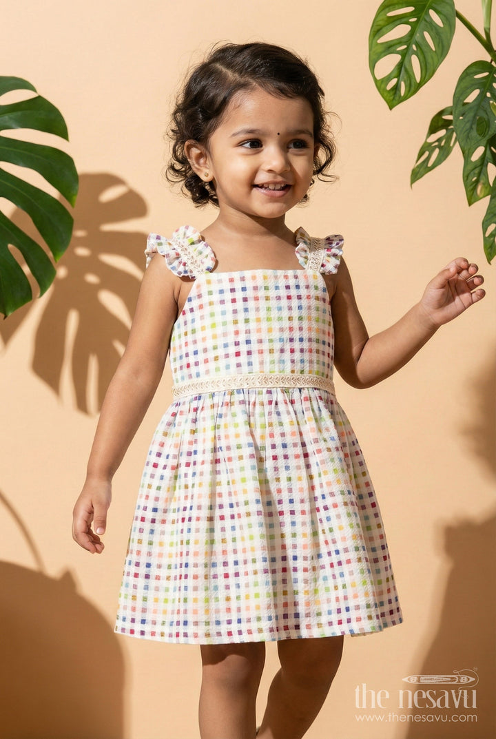 The Nesavu Girls Cotton Frock Muslin Checked Frock for Toddler Girls with Pastel Colors Nesavu 18 (2Y) / White GFC1942A-18 Nesavu pastel checked muslin cotton frock for toddler girls with ruffle straps and flare