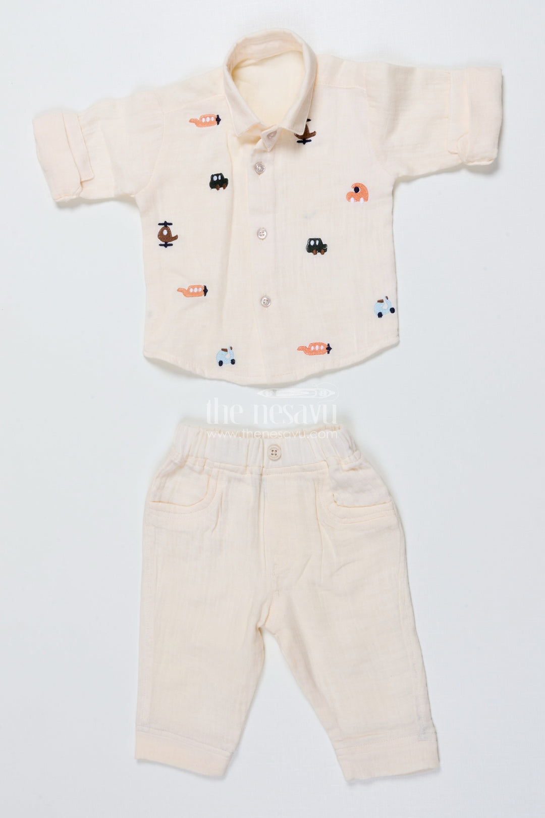 The Nesavu Boys Casual Set Muslin Cotton Casual Outfit for Toddler Boys with Embroidery Details Nesavu Nesavu muslin cotton toddler boys outfit embroidery casual ethnic occasions
