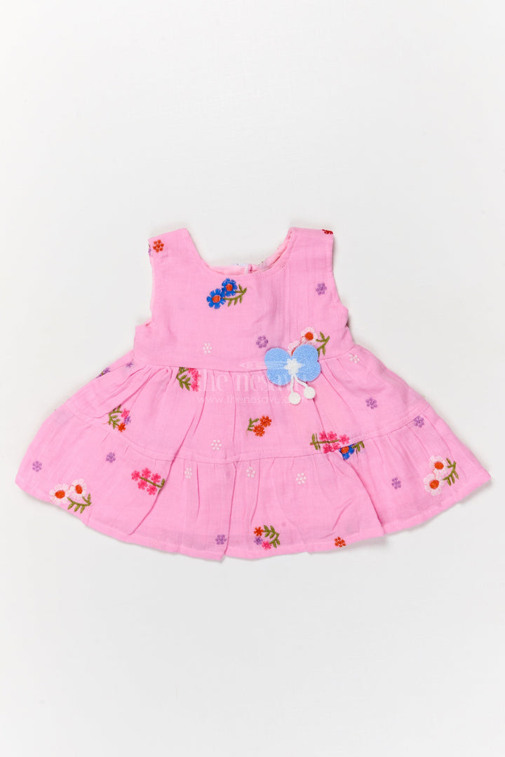 The Nesavu Baby Cotton Frocks Muslin Cotton Frock for Baby Girl’s Playdates and Summer Wear Nesavu 14 (6M) / Pink / Cotton Blend BFJ910A-14 Nesavu muslin cotton frock with embroidery and butterfly patch for baby girl’s casual summer days