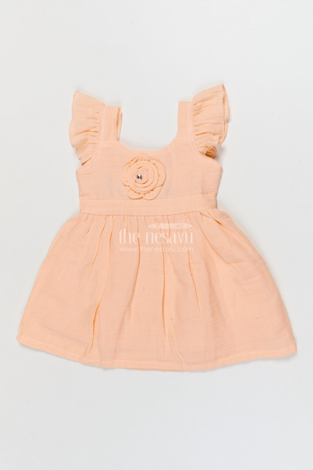 The Nesavu Girls Cotton Frock Muslin Cotton Frock for Baby Girls’ Everyday Comfort Nesavu 14 (6M) / Orange / Muslin Cotton BFJ917B-14 Nesavu muslin cotton baby frock for everyday wear with ruffle sleeves and floral applique
