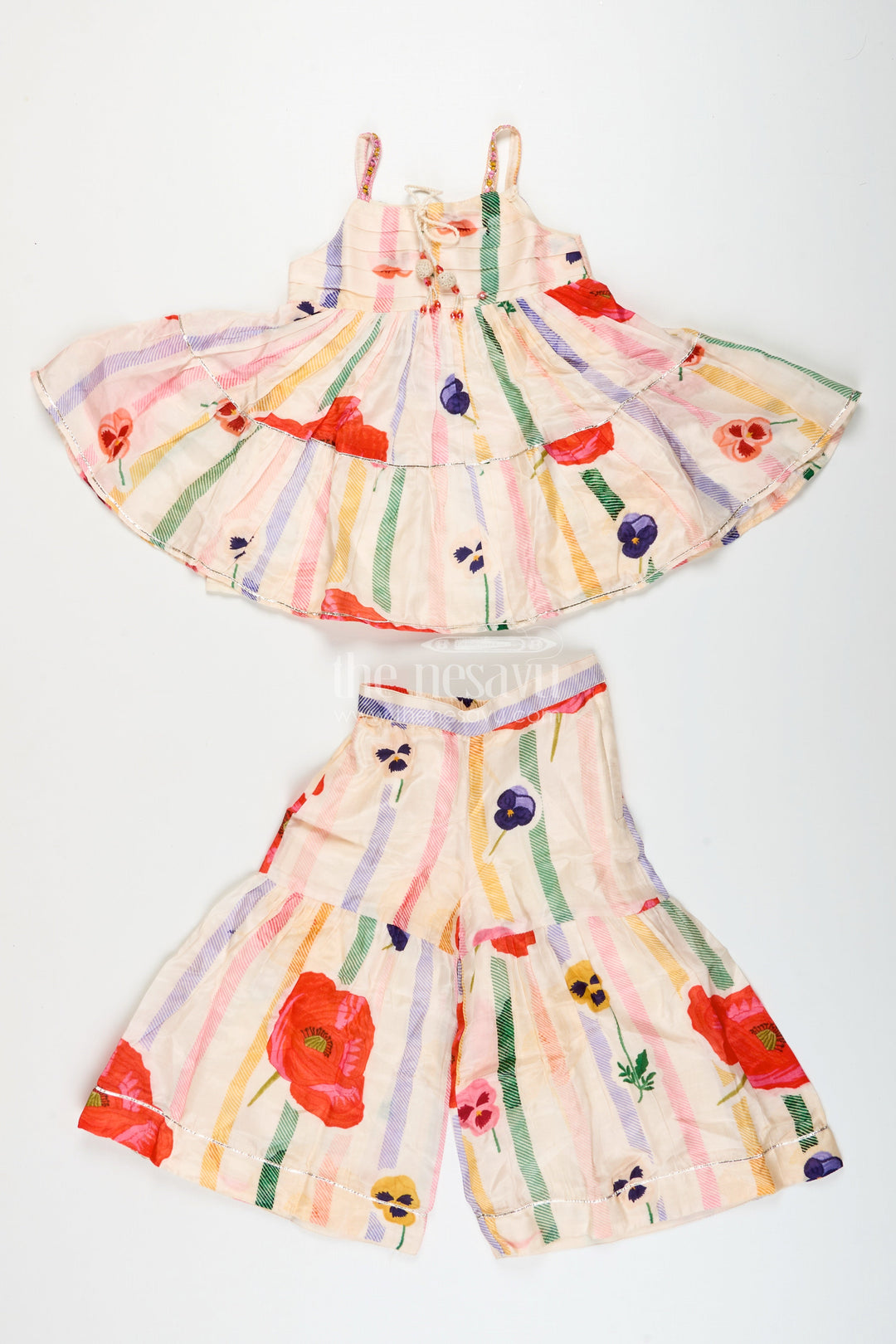 The Nesavu Girls Sharara / Plazo Set Muslin Silk Ethnic Set for Girls with Layered Top and Printed Plazo Nesavu Nesavu girls layered muslin silk ethnic set printed plazo  ideal festivals school ethnic days
