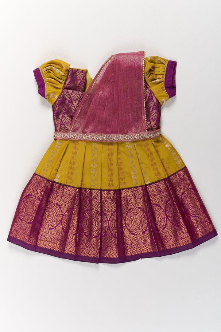The Nesavu Girls Kanchi Silk Frock Mustard and Maroon Pattu Pavadai for Girls with Elegant Zari Motifs Nesavu 14 (6M) / Maroon / Style 1 SF844BA-14 Nesavu Mustard Maroon Pattu Pavadai Girls Elegant Zari Motifs
