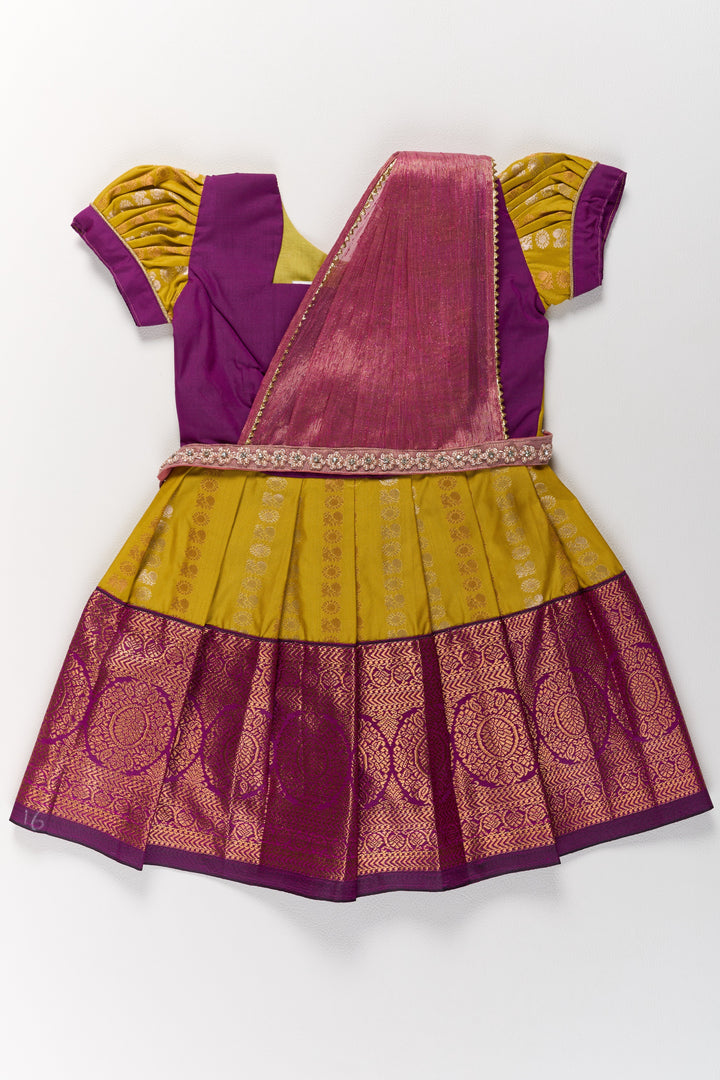The Nesavu Girls Kanchi Silk Frock Mustard and Maroon Pattu Pavadai for Girls with Elegant Zari Motifs Nesavu 14 (6M) / Maroon / Style 3 SF844BC-14 Nesavu Mustard Maroon Pattu Pavadai Girls Elegant Zari Motifs