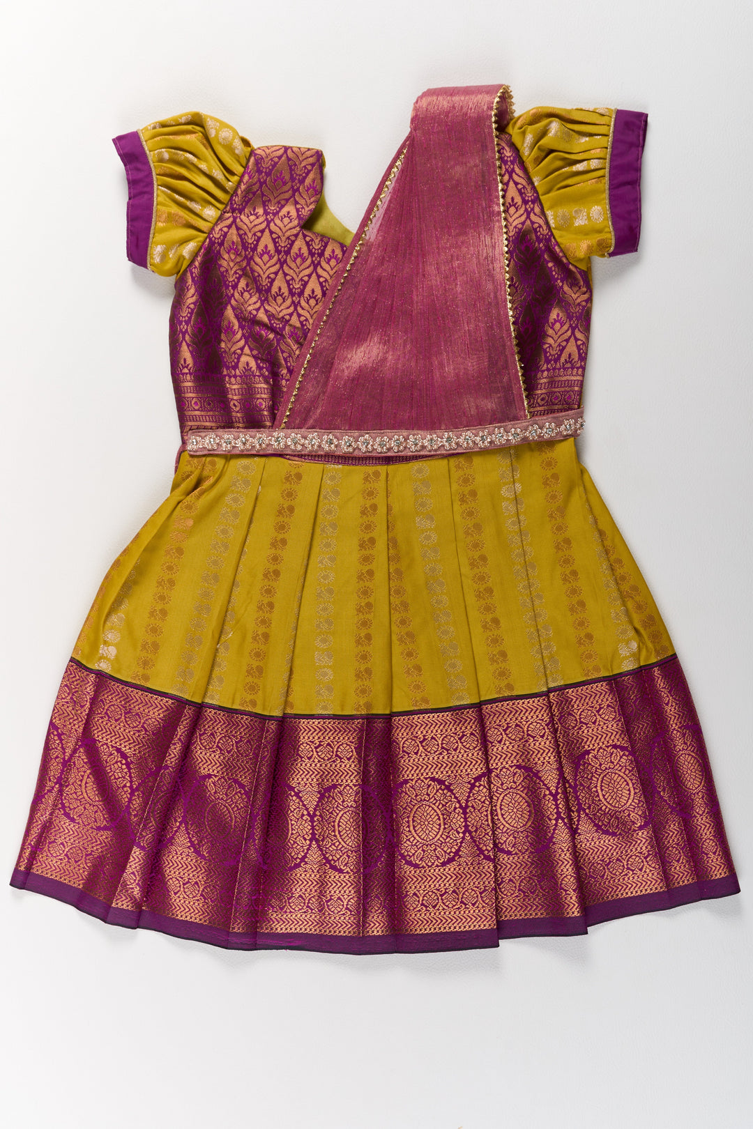 The Nesavu Girls Kanchi Silk Frock Mustard and Maroon Pattu Pavadai for Girls with Elegant Zari Motifs Nesavu 20 (3Y) / Maroon / Style 2 SF844BB-20 Nesavu Mustard Maroon Pattu Pavadai Girls Elegant Zari Motifs