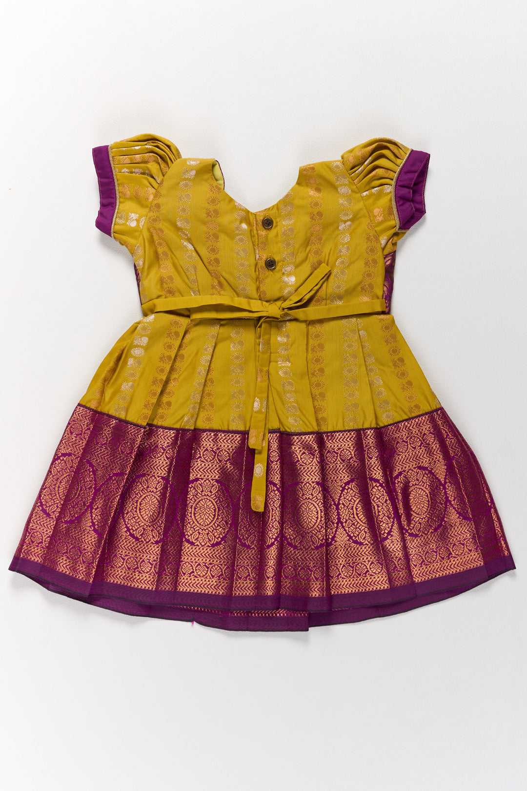 The Nesavu Girls Kanchi Silk Frock Mustard and Maroon Pattu Pavadai for Girls with Elegant Zari Motifs Nesavu Nesavu Mustard Maroon Pattu Pavadai Girls Elegant Zari Motifs