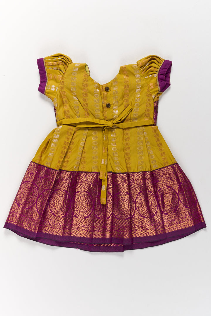 The Nesavu Girls Kanchi Silk Frock Mustard and Maroon Pattu Pavadai for Girls with Elegant Zari Motifs Nesavu Nesavu Mustard Maroon Pattu Pavadai Girls Elegant Zari Motifs