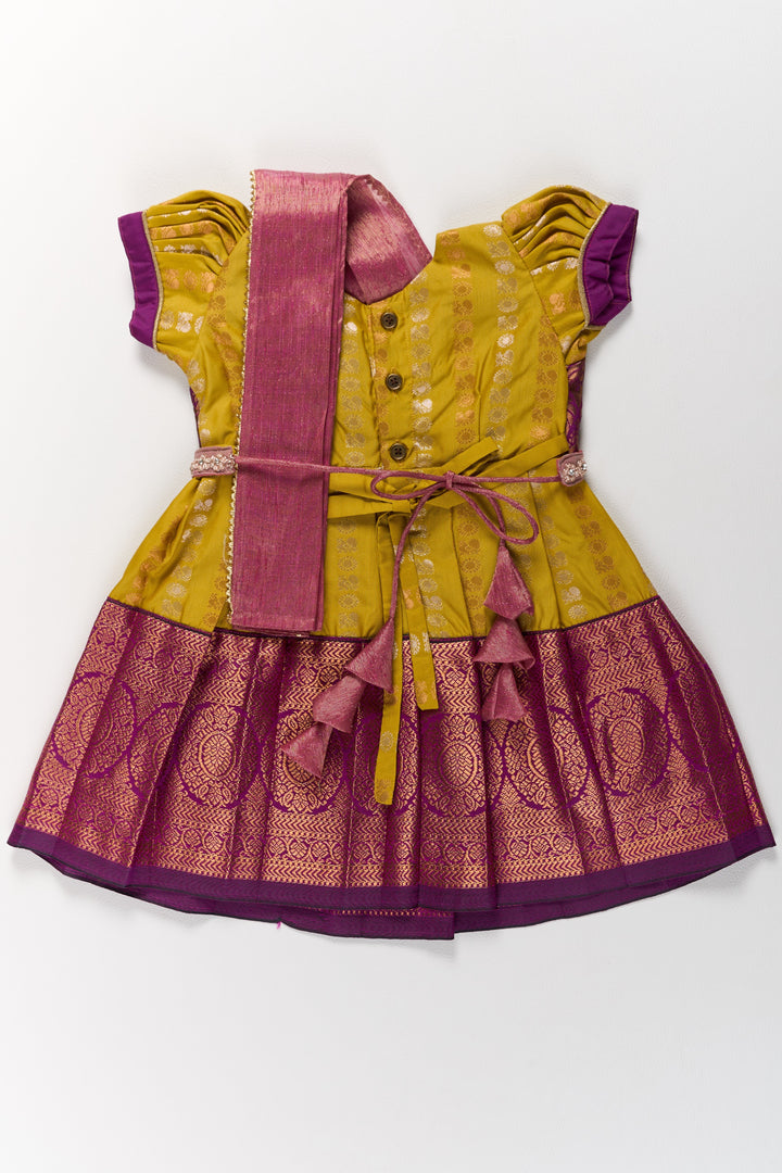 The Nesavu Girls Kanchi Silk Frock Mustard and Maroon Pattu Pavadai for Girls with Elegant Zari Motifs Nesavu Nesavu Mustard Maroon Pattu Pavadai Girls Elegant Zari Motifs