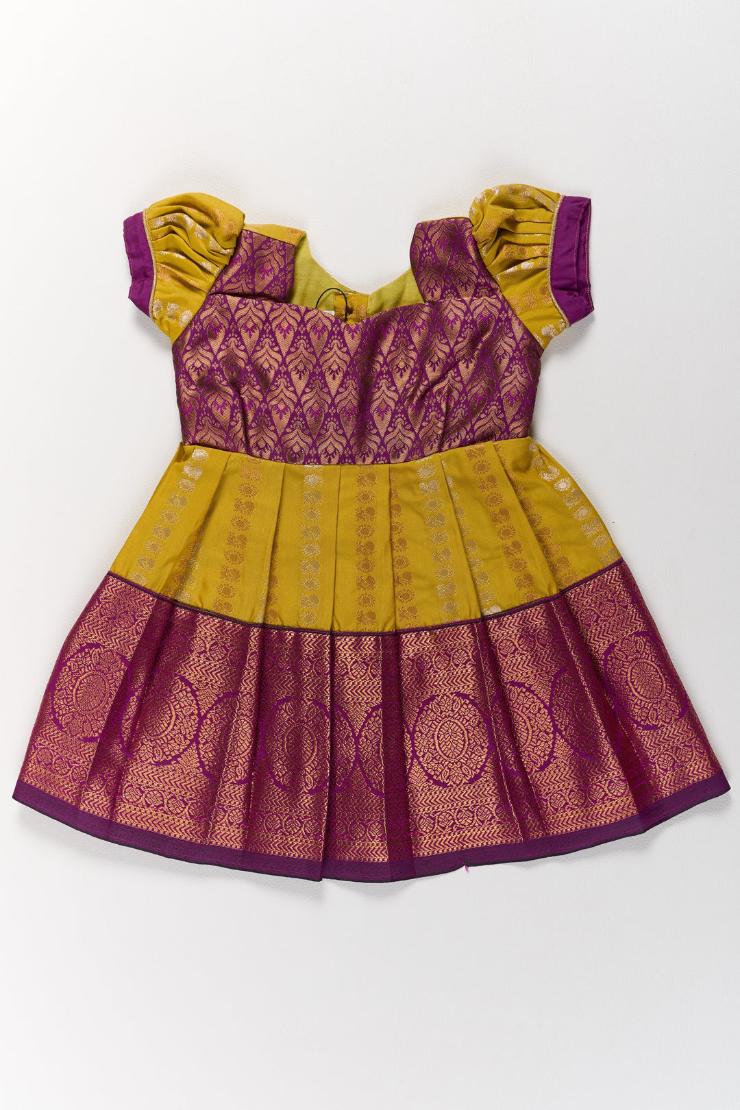 The Nesavu Girls Kanchi Silk Frock Mustard and Maroon Pattu Pavadai for Girls with Elegant Zari Motifs Nesavu Nesavu Mustard Maroon Pattu Pavadai Girls Elegant Zari Motifs