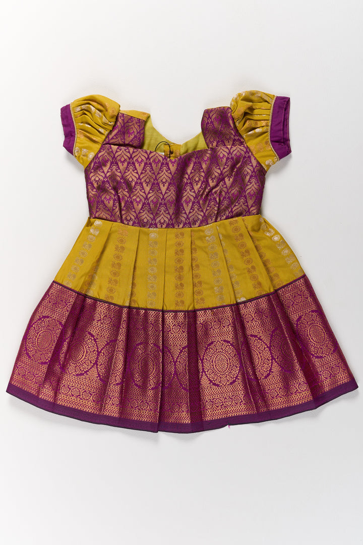The Nesavu Girls Kanchi Silk Frock Mustard and Maroon Pattu Pavadai for Girls with Elegant Zari Motifs Nesavu Nesavu Mustard Maroon Pattu Pavadai Girls Elegant Zari Motifs