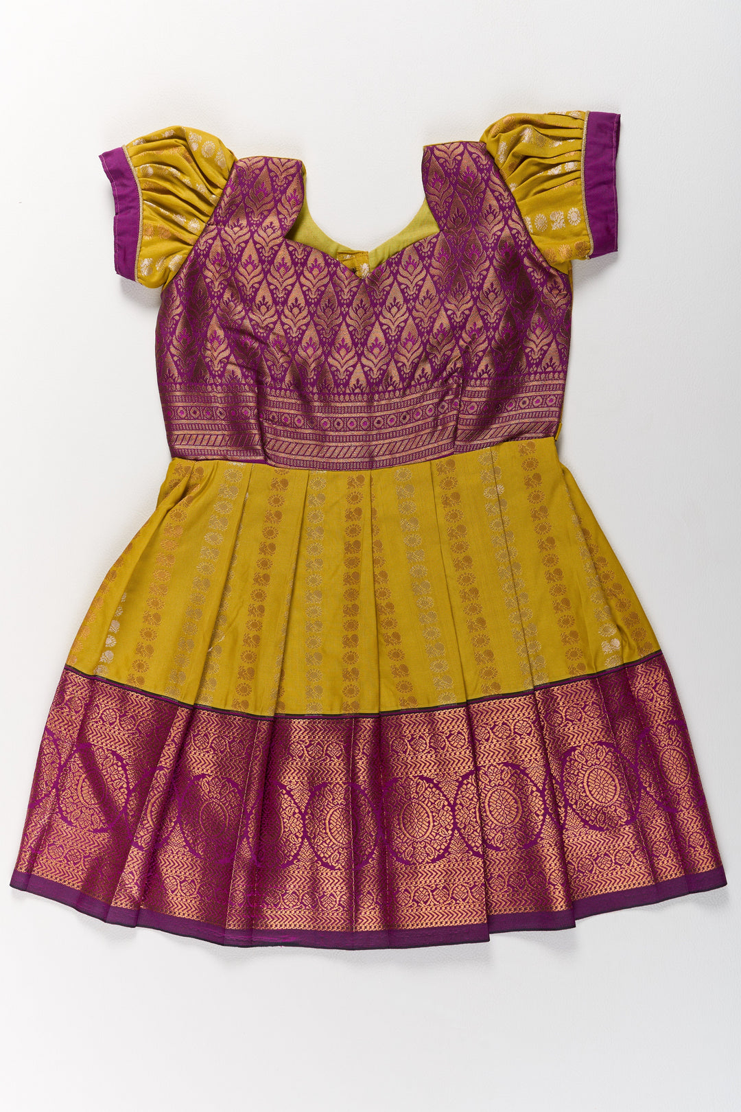 The Nesavu Girls Kanchi Silk Frock Mustard and Maroon Pattu Pavadai for Girls with Elegant Zari Motifs Nesavu Nesavu Mustard Maroon Pattu Pavadai Girls Elegant Zari Motifs