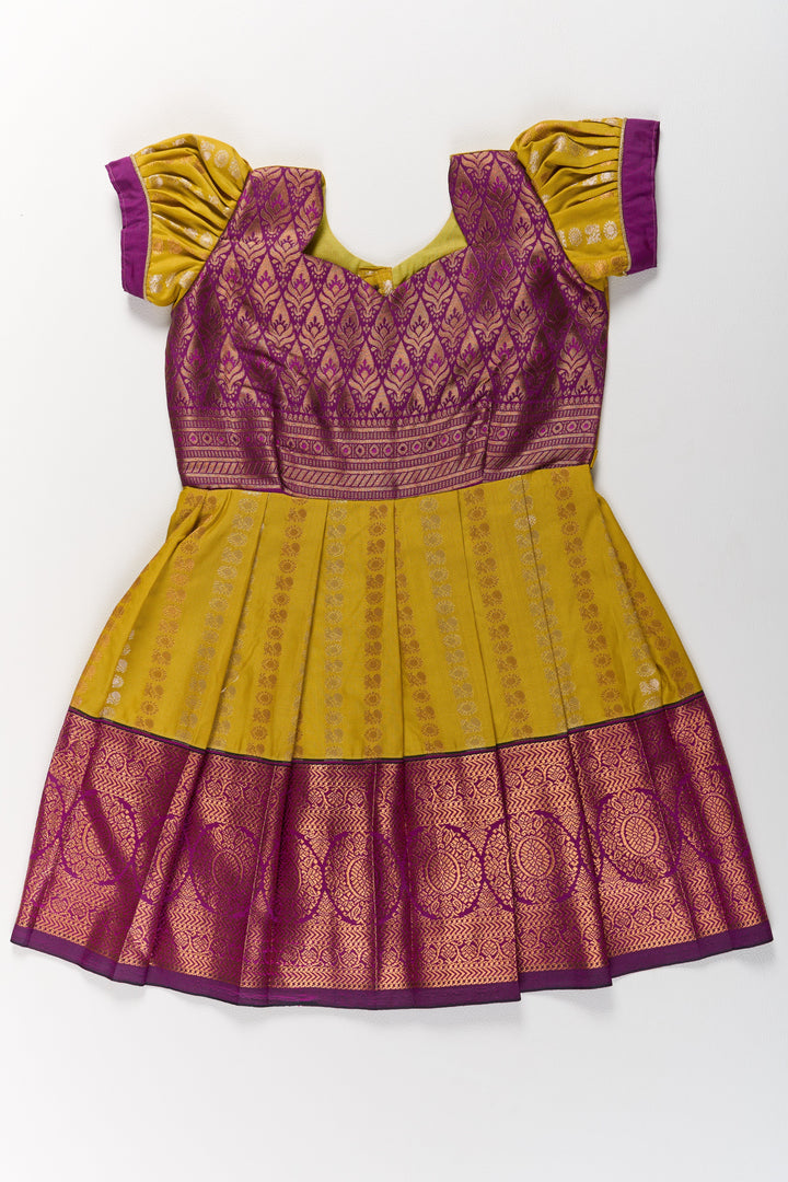 The Nesavu Girls Kanchi Silk Frock Mustard and Maroon Pattu Pavadai for Girls with Elegant Zari Motifs Nesavu Nesavu Mustard Maroon Pattu Pavadai Girls Elegant Zari Motifs