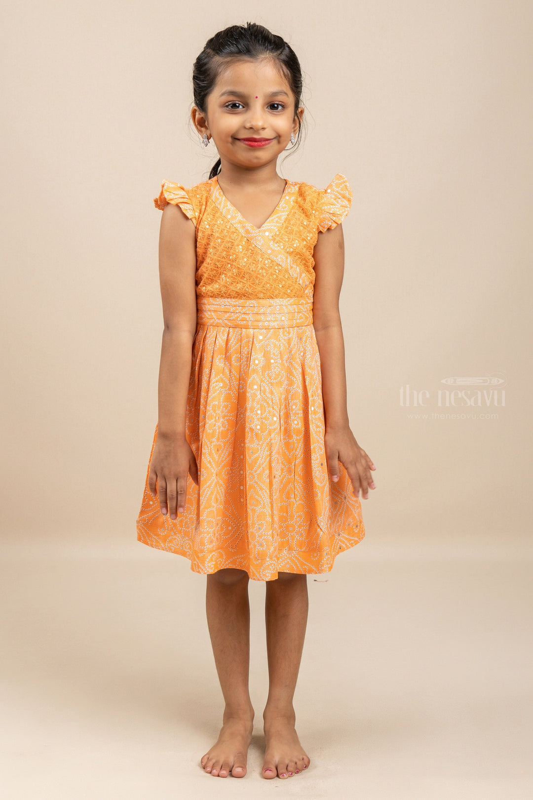 The Nesavu Girls Fancy Frock Mustard Is A Must - Fancy Frock With Bandhani Activated Designs Nesavu 12 (3M) / Orange / Cotton GFC966C-12 Latest Girls Cotton Frock Design| Cotton Frock| The Nesavu