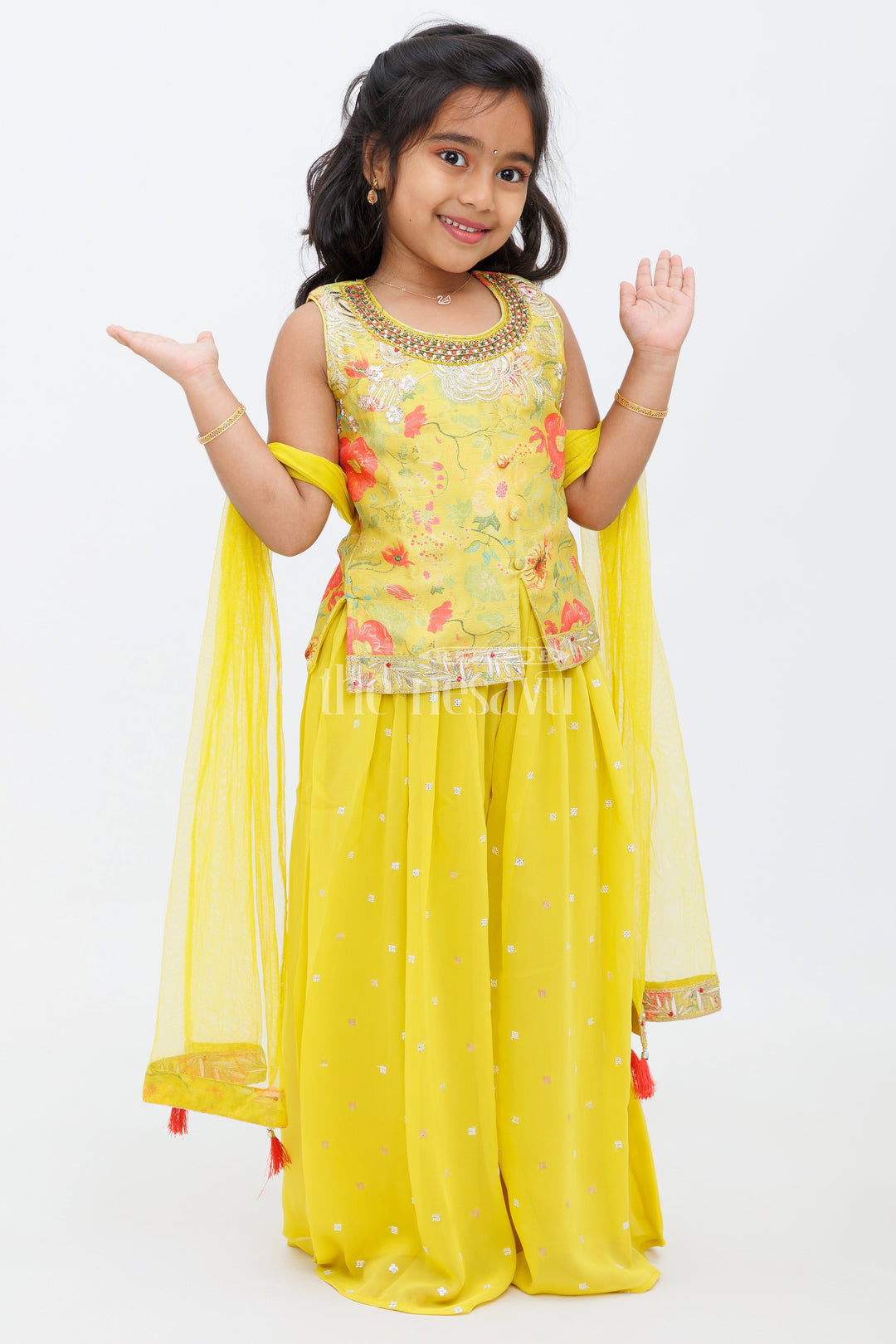 The Nesavu Girls Sharara / Plazo Set Mustard Plazo Set with Kurthi for Girls Featuring Floral Appliqu and Mirror Work Nesavu 16 (1Y) / Mustard GPS396A-16 Mustard Plazo Set with Kurthi for Girls Featuring Floral Appliqué and Mirror Work Nesavu