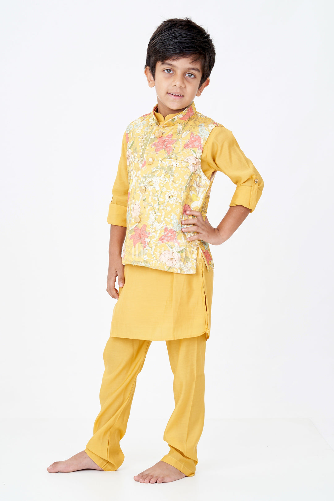 The Nesavu Boys Kurtha Set Mustard Yellow Kurta with Floral Printed Nehru Jacket and Matching Pants for Boys Nesavu 14 (6M) / Yellow BES638A-14 Nesavu Mustard Yellow Kurta Set Floral Printed Nehru Jacket Matching Pants Boys
