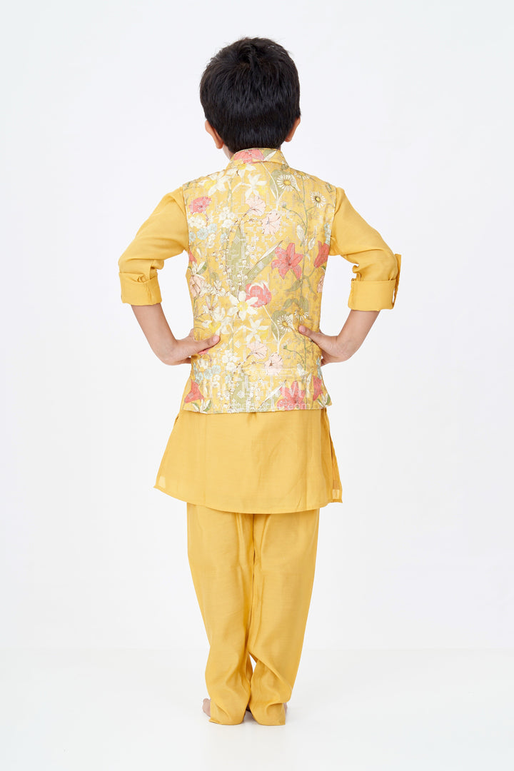 The Nesavu Boys Kurtha Set Mustard Yellow Kurta with Floral Printed Nehru Jacket and Matching Pants for Boys Nesavu Nesavu Mustard Yellow Kurta Set Floral Printed Nehru Jacket Matching Pants Boys
