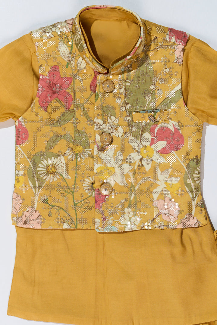 The Nesavu Boys Kurtha Set Mustard Yellow Kurta with Floral Printed Nehru Jacket and Matching Pants for Boys Nesavu Nesavu Mustard Yellow Kurta Set Floral Printed Nehru Jacket Matching Pants Boys
