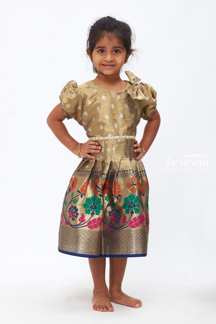 The Nesavu Silk Frock Mystic Blooms: Vivid Floral Patterned Stone Embellished Navy Zari Bordered Silk Frock for Girls Nesavu 14 (6M) / Blue / Silk SF724A-14 Celebrate Traditions with Silk Festive Frocks | Elegant Kids Attire | The Nesavu