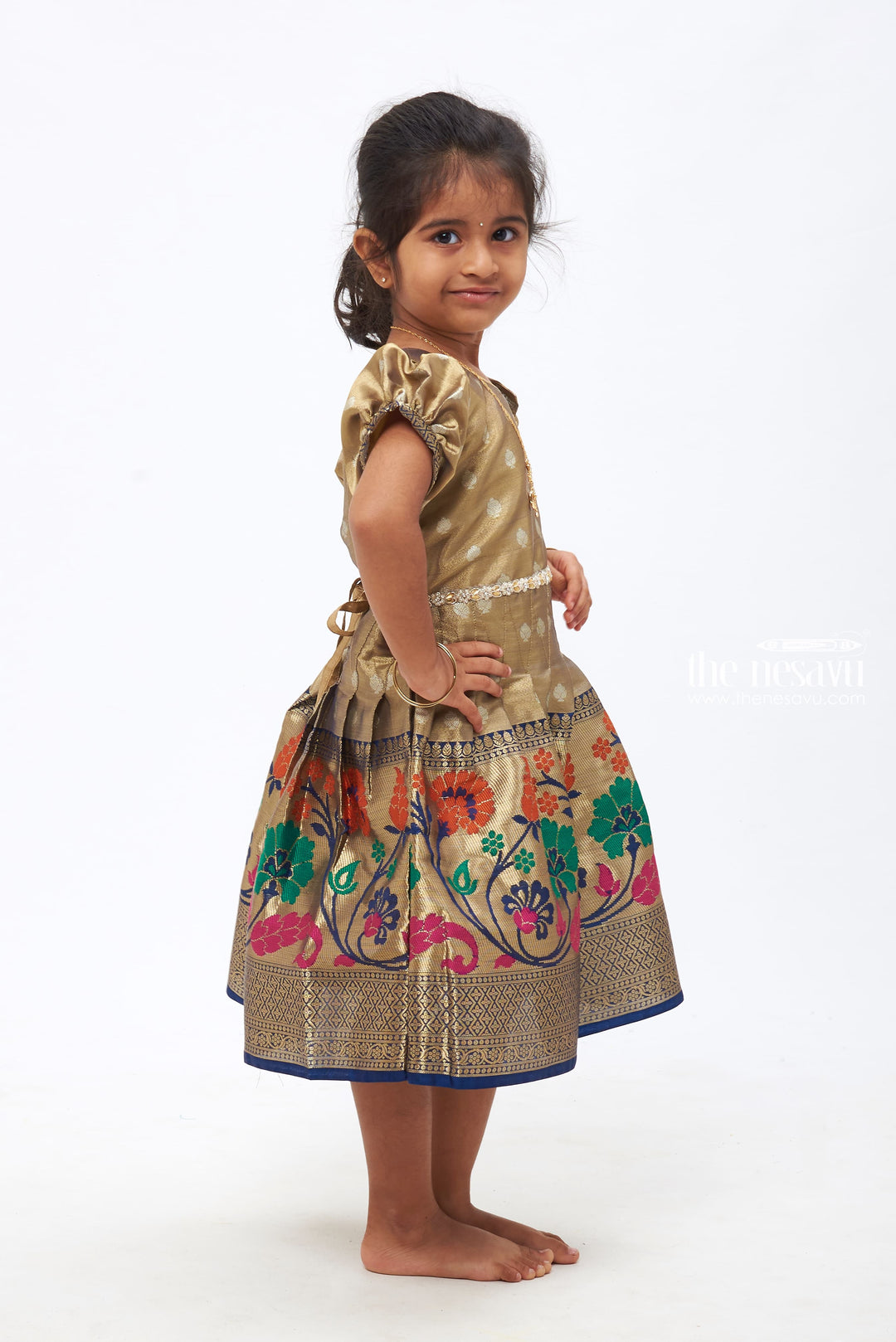 The Nesavu Silk Frock Mystic Blooms: Vivid Floral Patterned Stone Embellished Navy Zari Bordered Silk Frock for Girls Nesavu Celebrate Traditions with Silk Festive Frocks | Elegant Kids Attire | The Nesavu