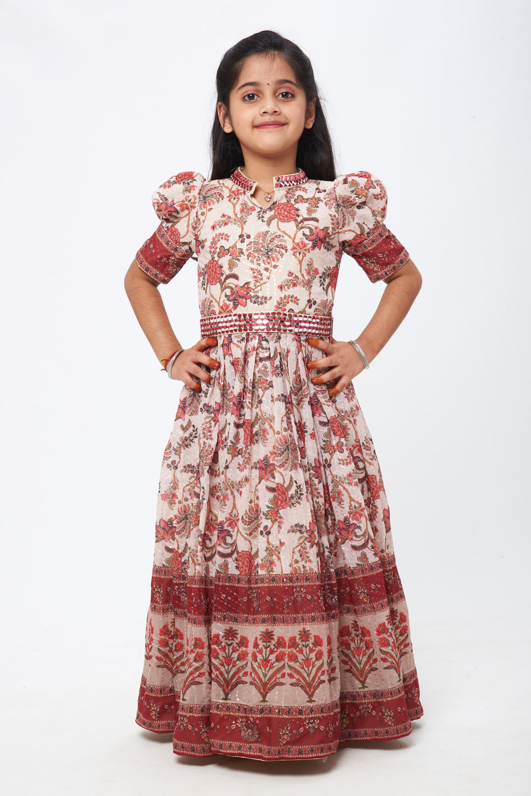 The Nesavu Girls Party Gown Mystic Blossom: Sequin Embroidered Floral Printed Maroon Childrens Gown Nesavu 18 (2Y) / Maroon / Georgette GA157A-18 A Dance of Fabric and Design | Luxurious Anarkali Gowns | The Nesavu