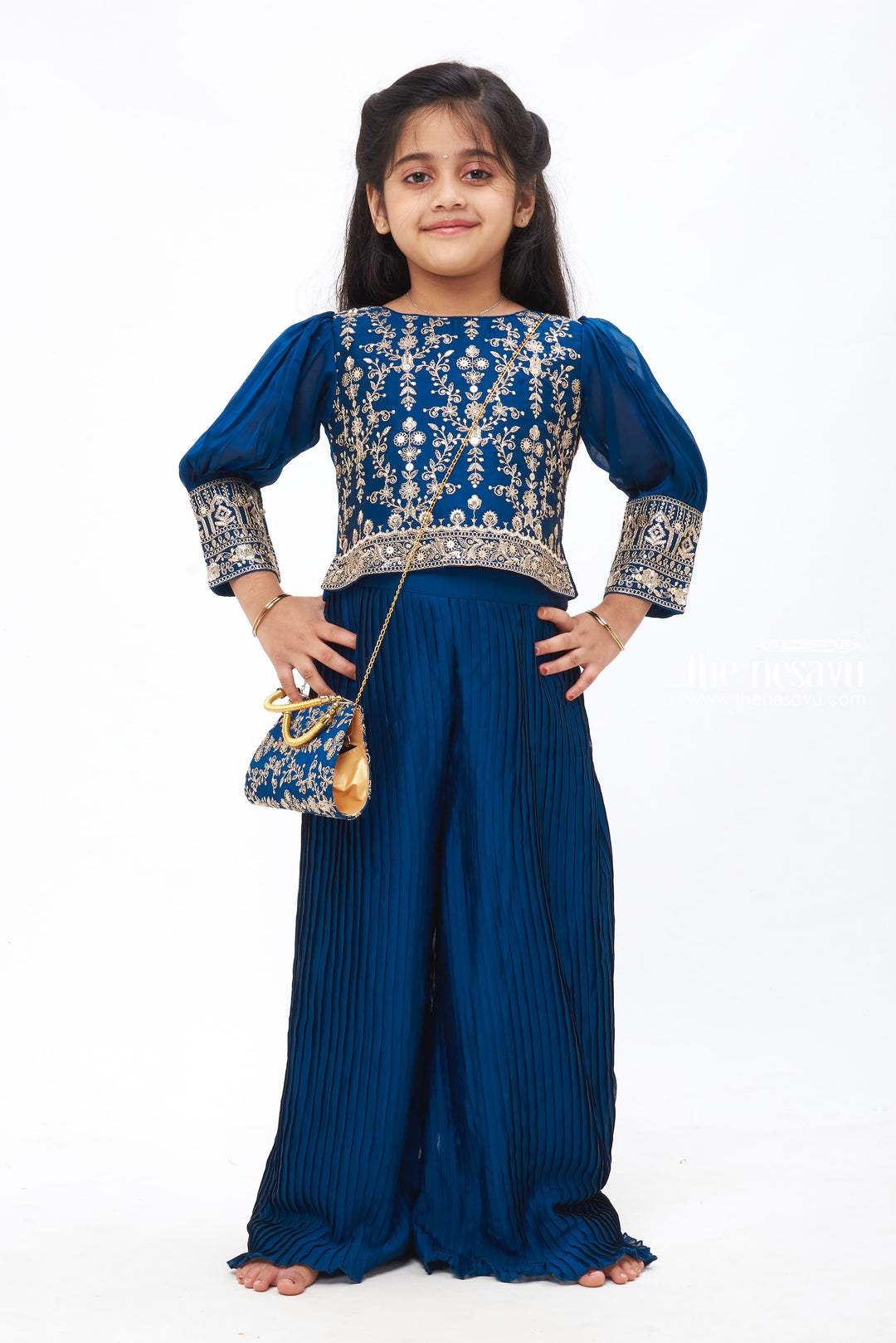 The Nesavu Girls Sharara / Plazo Set Mystic Blue Elegance: Girls Crop Top with Palazzo Pant Set Nesavu 24 (5Y) / Blue / Blend Silk GPS187B-24 Mystic Blue Elegance - Girls Crop Top and Palazzo Set | Embroidered Ensemble with Matching Bag | The Nesavu