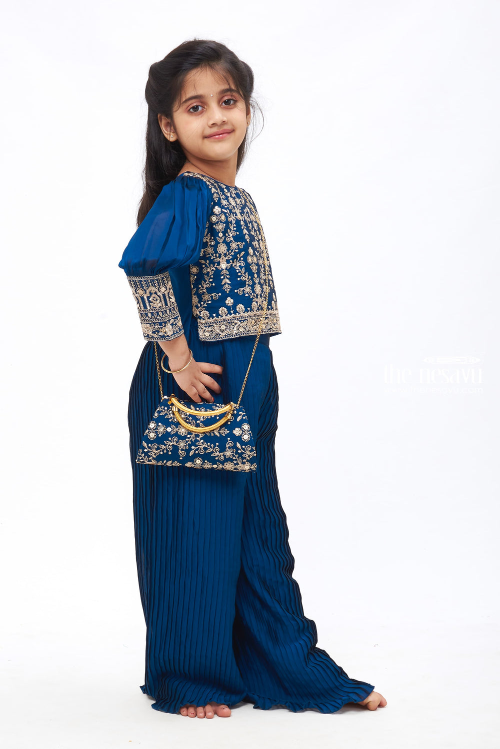 The Nesavu Girls Sharara / Plazo Set Mystic Blue Elegance: Girls Crop Top with Palazzo Pant Set Nesavu Mystic Blue Elegance - Girls Crop Top and Palazzo Set | Embroidered Ensemble with Matching Bag | The Nesavu