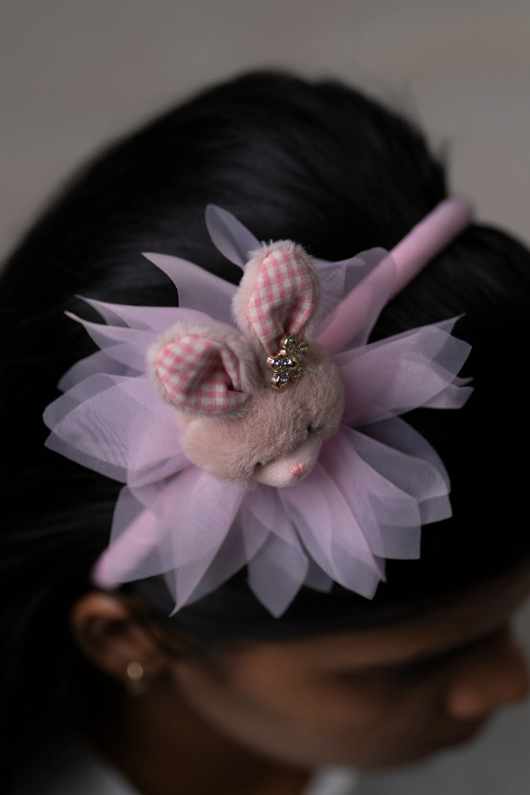 The Nesavu Hair Band Mystical Mauve Bunny Hairbow with Tulle and Shimmering Accents Nesavu Pink JHB80D Enchanting Mauve Bunny Hair Accessory | Whimsical Tulle Hairbow with Sparkle | The Nesavu